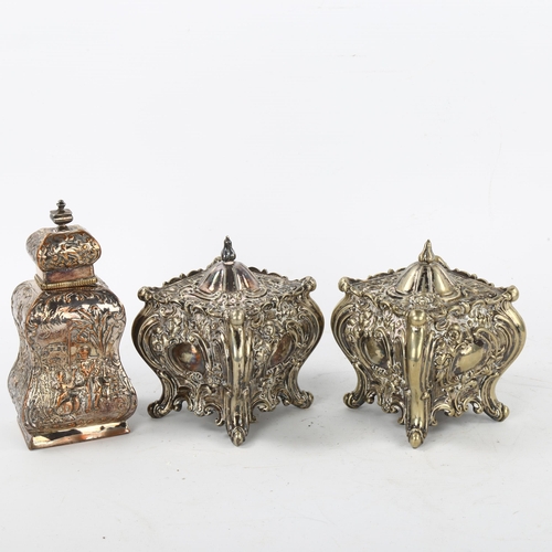 161 - A pair of 19th century electroplate tea caddies in Rococo style, height 11cm, and a silver plate on ... 