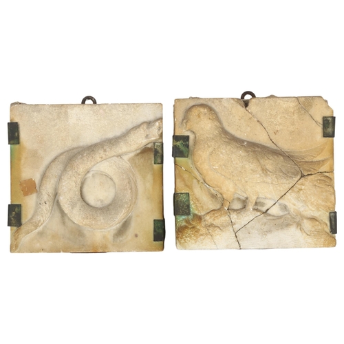 166 - 2 Ancient Greek relief carved stone plaques, depicting a dove and snake, mounted on wooden backing b... 