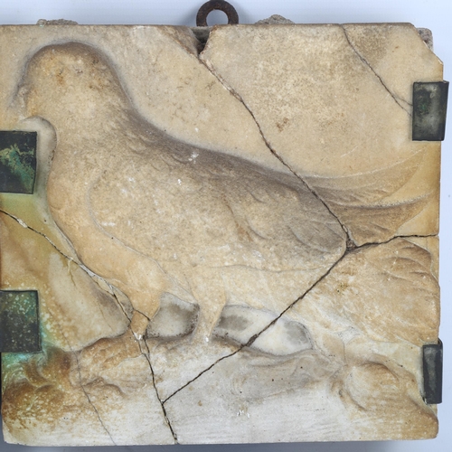 166 - 2 Ancient Greek relief carved stone plaques, depicting a dove and snake, mounted on wooden backing b... 