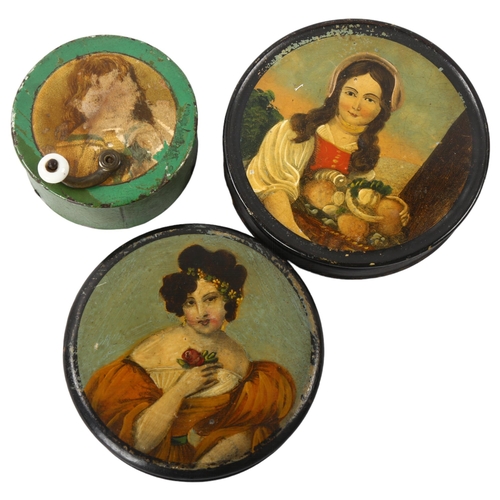 177 - 2 similar 19th century circular lacquer boxes decorated with portraits of young women, diameter 9cm,... 