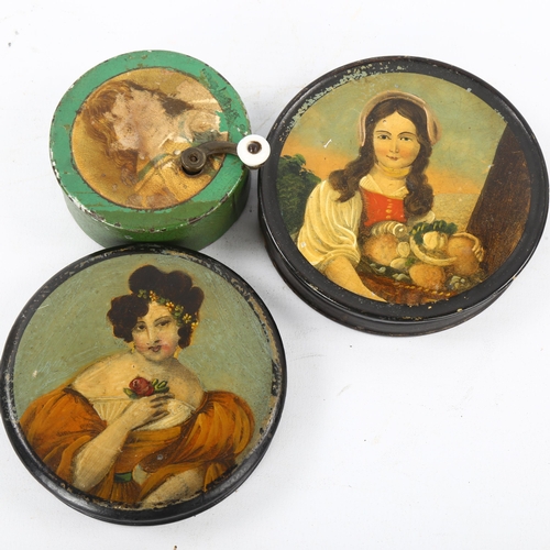 177 - 2 similar 19th century circular lacquer boxes decorated with portraits of young women, diameter 9cm,... 