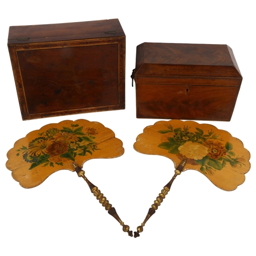 181 - 2 Georgian mahogany boxes, and a pair of hand painted face screens with giltwood handles (4)