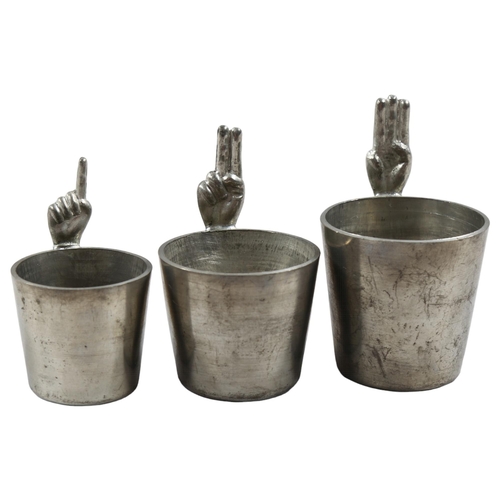 185 - A set of 3 unusual pewter finger spirit measures, by James Dixon & Sons, circa 1920