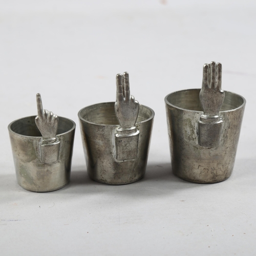 185 - A set of 3 unusual pewter finger spirit measures, by James Dixon & Sons, circa 1920