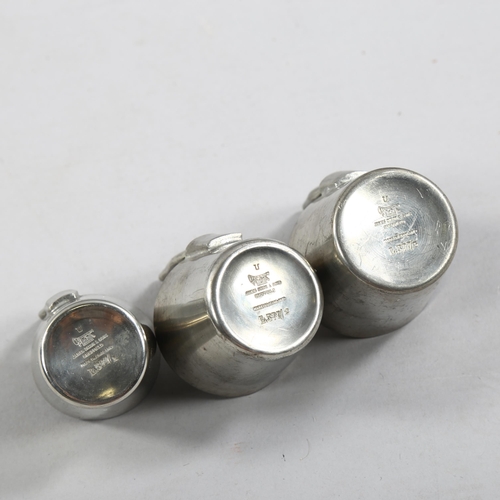 185 - A set of 3 unusual pewter finger spirit measures, by James Dixon & Sons, circa 1920