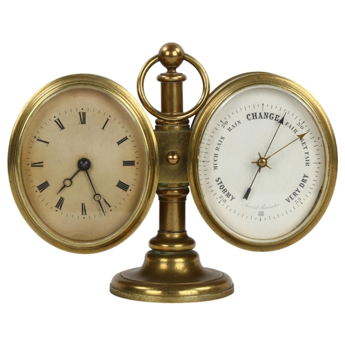 187 - A French brass-cased combination desk clock/barometer with ring handle, probably early 20th century,... 