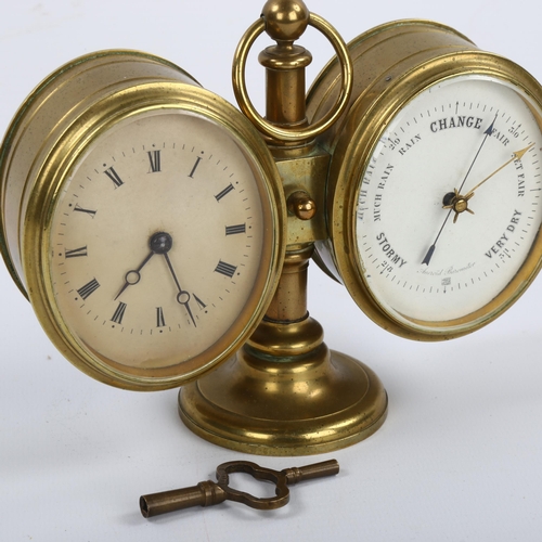 187 - A French brass-cased combination desk clock/barometer with ring handle, probably early 20th century,... 