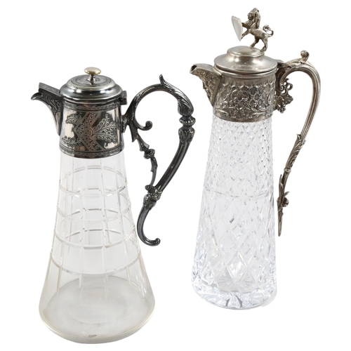 195 - 2 cut-glass Claret jugs with silver plated mounts, 1 with lion shield finial, 32cm