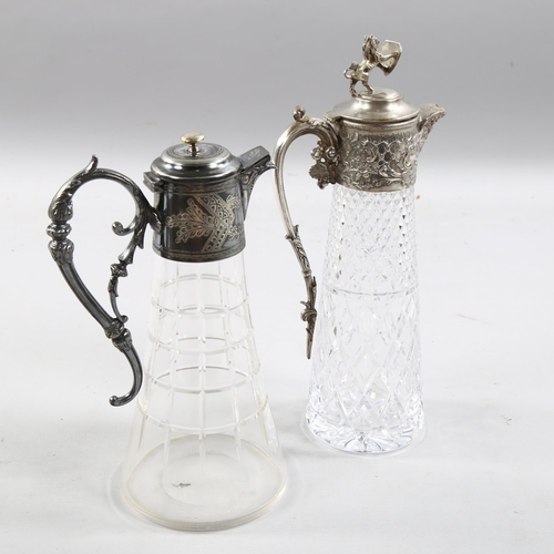 195 - 2 cut-glass Claret jugs with silver plated mounts, 1 with lion shield finial, 32cm