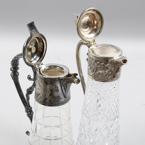 195 - 2 cut-glass Claret jugs with silver plated mounts, 1 with lion shield finial, 32cm