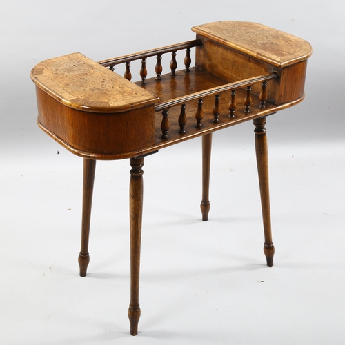 200 - A 19th/20th century walnut work table with burr wood detail, galleried central section and 2 lidded ... 