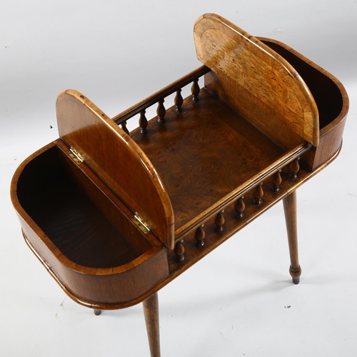 200 - A 19th/20th century walnut work table with burr wood detail, galleried central section and 2 lidded ... 