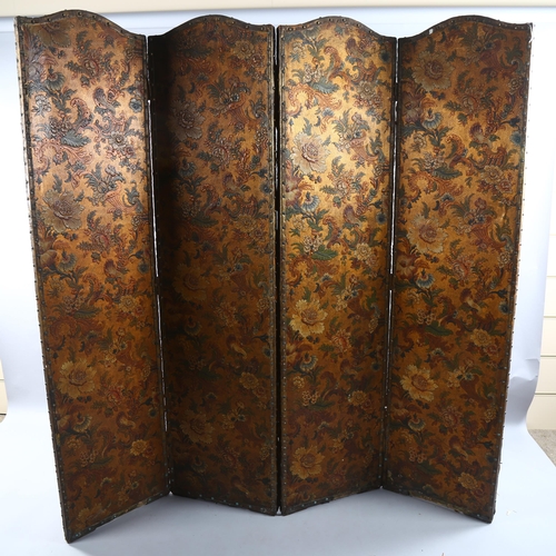 201 - A late 19th century 4-fold screen, with leather-work and brass stud fittings, with decorated floral ... 