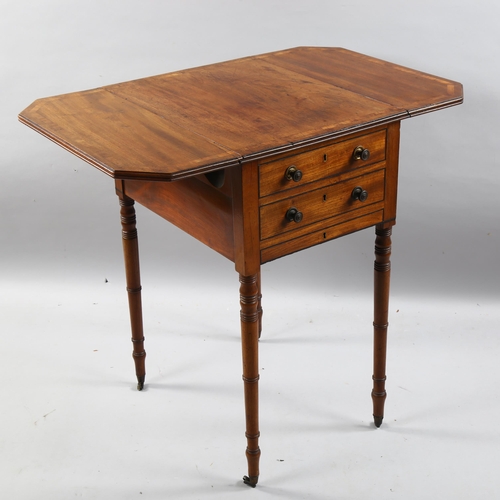 202 - A George IV mahogany drop-flap work table with 2 drawers, on turned brass casters, height 72cm, widt... 