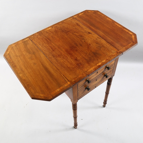 202 - A George IV mahogany drop-flap work table with 2 drawers, on turned brass casters, height 72cm, widt... 