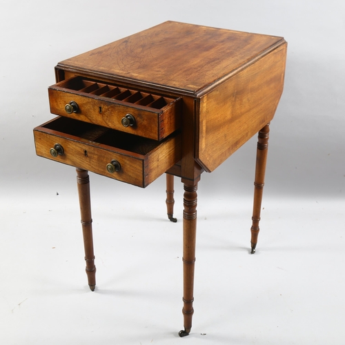 202 - A George IV mahogany drop-flap work table with 2 drawers, on turned brass casters, height 72cm, widt... 