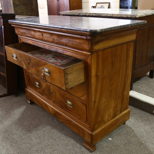 204 - A 19th century walnut commode, with crossbanded veneer to drawer sections, and black marble top, hei... 