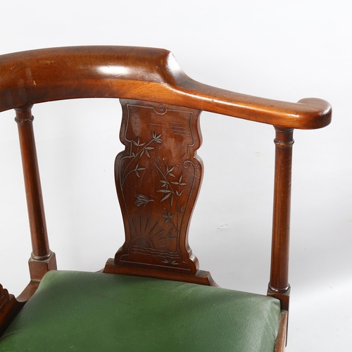 209 - A late 19th century mahogany corner chair, by Heal & Son, with carved splat, Heal label under seat, ... 