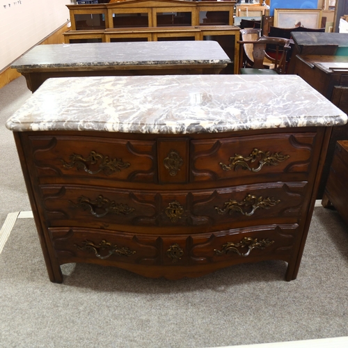 210 - A Continental serpentine-front walnut commode, with brown/white marble top, 2 small top drawers over... 