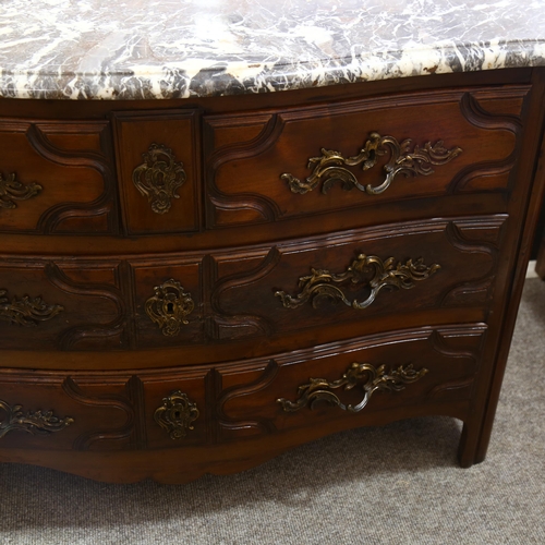 210 - A Continental serpentine-front walnut commode, with brown/white marble top, 2 small top drawers over... 