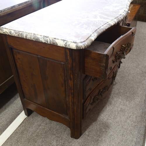 210 - A Continental serpentine-front walnut commode, with brown/white marble top, 2 small top drawers over... 