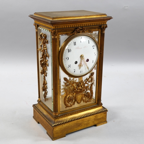 211 - A mid 19th century French Four Glass clock by Raingo Feres, Paris,  8 day movement, case has bevelle... 