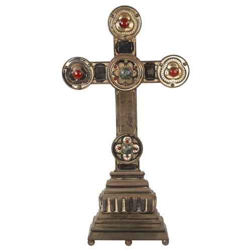 41 - A large Arts and Crafts electroplate and gemstone set cross, height 68cm