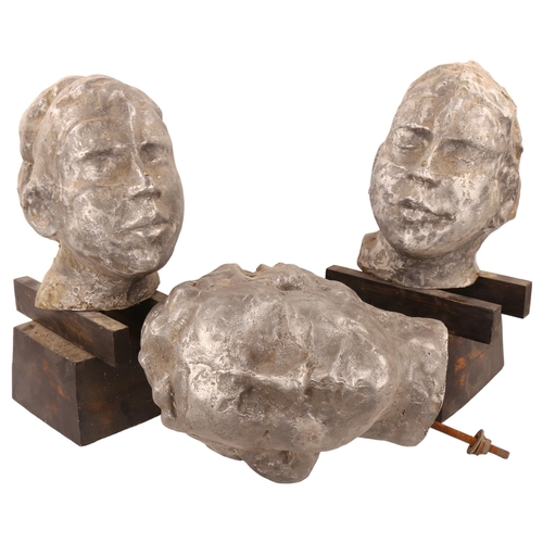 44 - Alan Grimwood, 3 life-size cast aluminium head sculptures, 2 mounted on woodblock plinths (3)