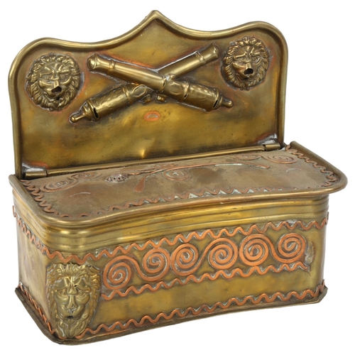 52 - An 18th century Dutch brass tinder box, with applied copper decoration and hinged lid, length 16.5cm