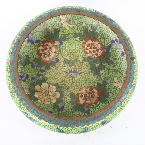 56 - A Japanese green ground cloisonne enamel bowl, diameter 29cm