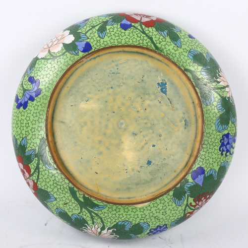 56 - A Japanese green ground cloisonne enamel bowl, diameter 29cm