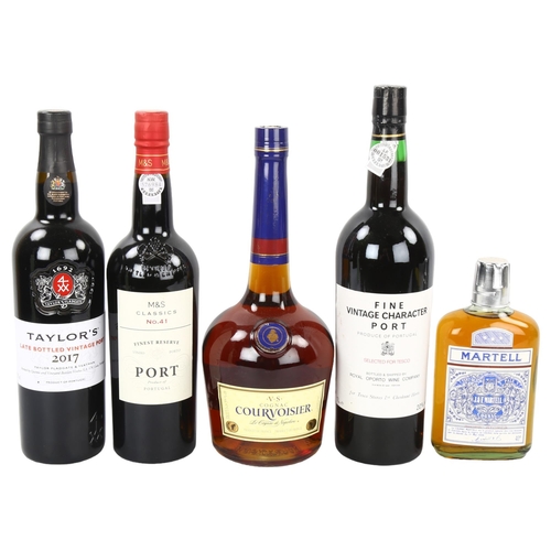 63 - 3 bottles of Port, bottle of VS Courvoisier Cognac, and a bottle of Martell Cognac (5)