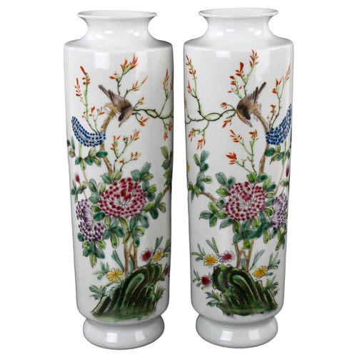 67 - A pair of Chinese Republic Period white glaze porcelain sleeve vases, with painted blossom flowers a... 