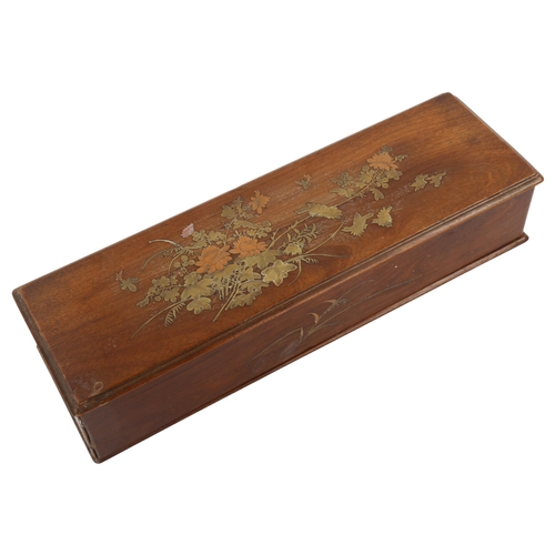 70 - A Japanese Meiji Period hardwood box, with inlaid copper brass and mother-of-pearl decoration, 36 x ... 