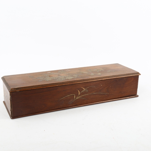 70 - A Japanese Meiji Period hardwood box, with inlaid copper brass and mother-of-pearl decoration, 36 x ... 