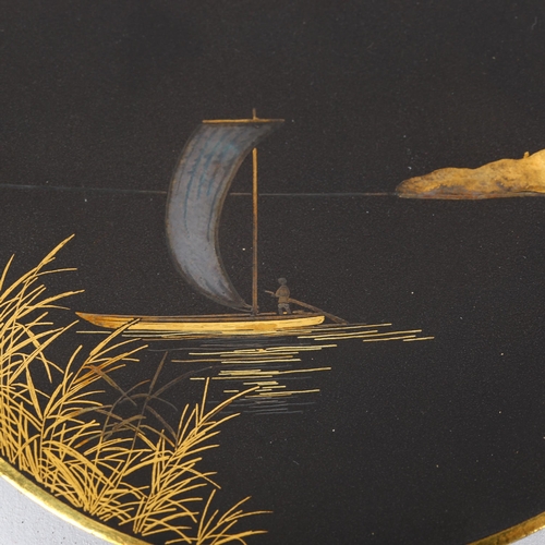 76 - A Japanese Komai metal dish, with inlaid design of Mount Fuji and fishing vessel, seal mark, diamete... 