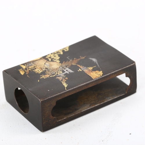 79 - A Japanese Komai metal matchbox holder, inlaid design of Mount Fuji, seal mark, length 6cm