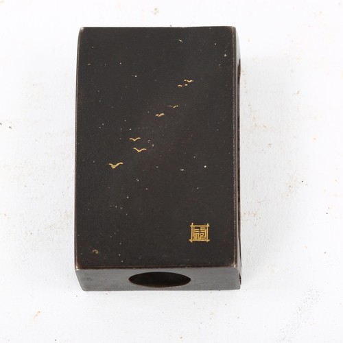 79 - A Japanese Komai metal matchbox holder, inlaid design of Mount Fuji, seal mark, length 6cm