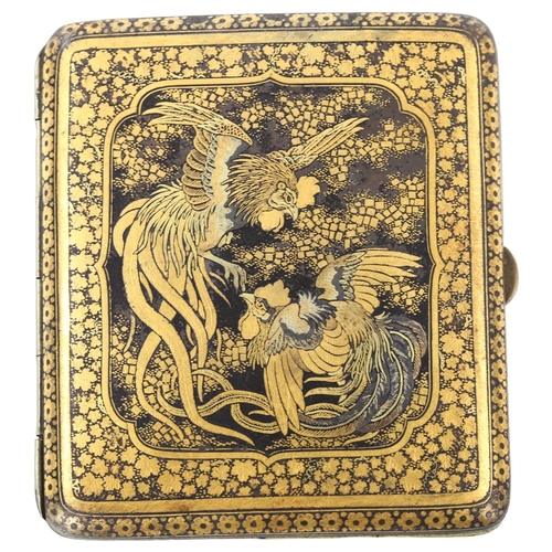 80 - A Japanese Komai cigarette case, with inlaid design of fighting cockerels, 8 x 7cm