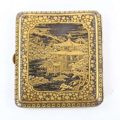 80 - A Japanese Komai cigarette case, with inlaid design of fighting cockerels, 8 x 7cm