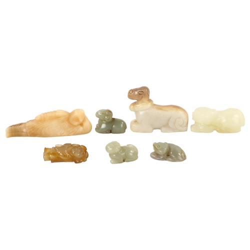 85 - 3 Chinese jade carvings, comprising a reclining figure (length 8cm), a mythical creature, and a Qili... 