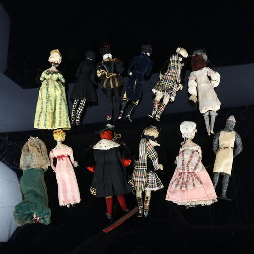 98 - A group of handmade theatrical dolls, carved and painted wood heads, height approx 12cm (12)