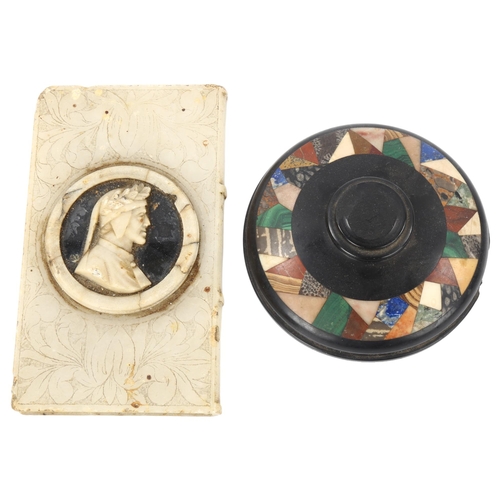 99 - A 19th century black marble paperweight, inset with a band of specimen hardstone, diameter 10cm, and... 