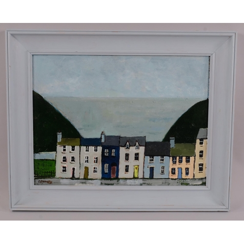 403 - Gerald Grimes (1934 - 2010), coastal buildings, oil on panel, signed, 38cm x 50cm, framed