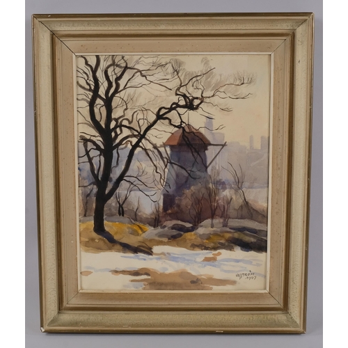 405 - Eric Vasstrom (1887 - 1958), winter city scape, watercolour, signed and dated 1947, 41cm x 32cm, fra... 