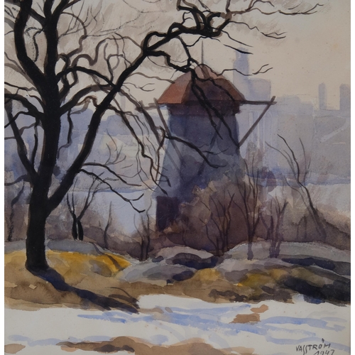 405 - Eric Vasstrom (1887 - 1958), winter city scape, watercolour, signed and dated 1947, 41cm x 32cm, fra... 