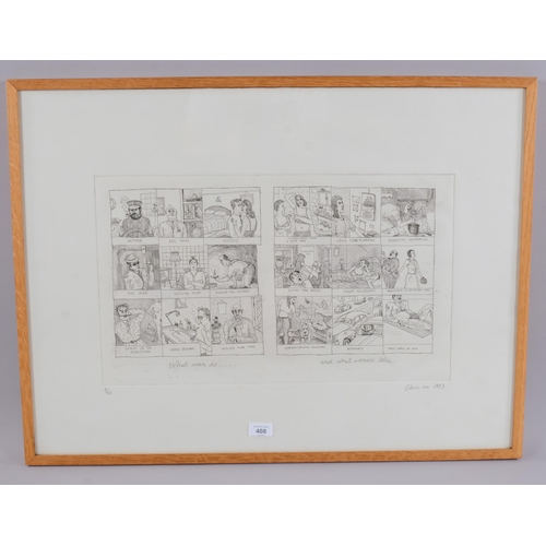 408 - Chris Orr (born 1943), What men do... and what women like, engraving, signed in pencil, dated 1983, ... 