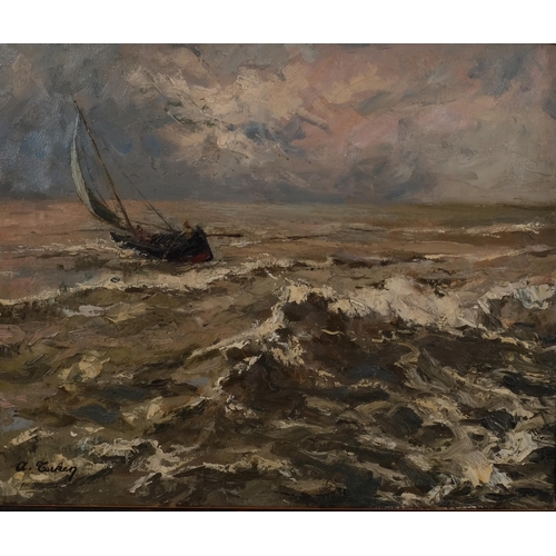 409 - Albert Terken (1919 - 1992), boat on rough seas, oil on canvas, signed, 50cm x 60cm, framed