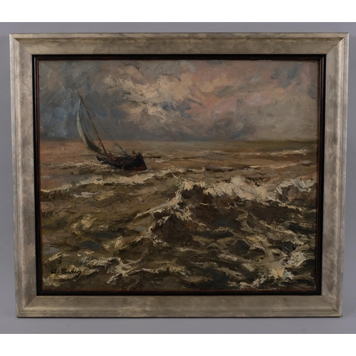 409 - Albert Terken (1919 - 1992), boat on rough seas, oil on canvas, signed, 50cm x 60cm, framed