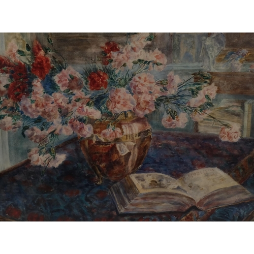 410 - Jan Vercruysse, still life, flowers and book, watercolour, signed, 60cm x 84cm, framed